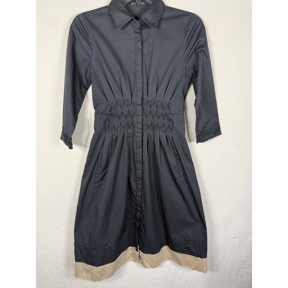 Eli Tahari Navy Blue Shirt Dress Womens 0 Pintuck Waist Stretch Midi Career